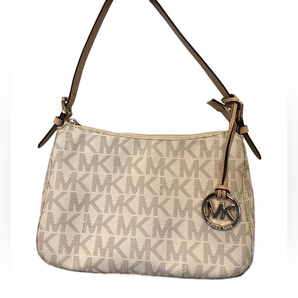 Michael Kors Beige Monogram Shoulder Bag medium pouchette designer purse